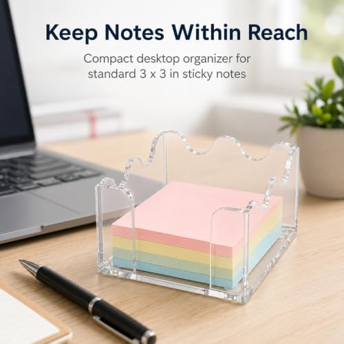 3x3 Inch Scalloped Acrylic Sticky Note Holder, Clear Cute Post It Note Dispenser, Notepad Holder with Wave Design, Thick Acrylic Desk Organizer for Office, Home, Dorm, Classroom (Crystal Clear)