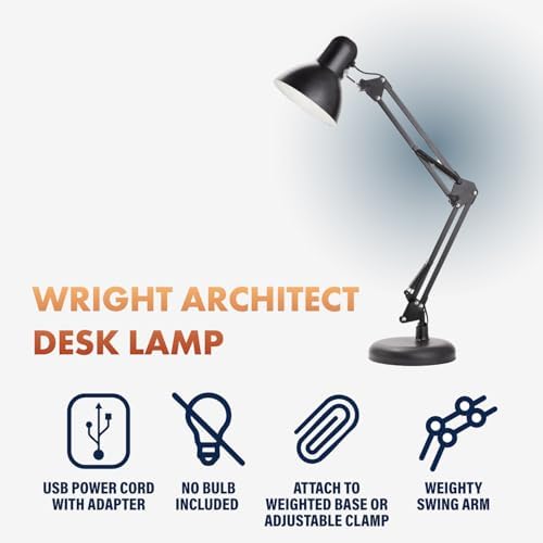Newhouse Lighting 24-in. Wright Painted Black Metal Swing Arm Lamp with Weighted Base and Clamp NHDK-WR-BK, Tall Desk Lamp for Home Office or Home Improvement, Adjustable Office Desk Accessory