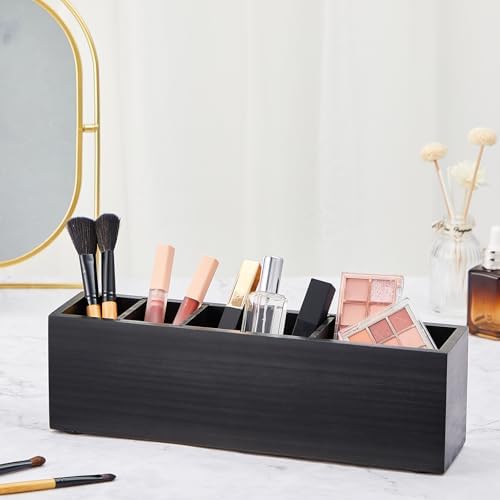 Jetec Wooden Pencil Pen Holder for Desk, Black, 6 Compartments