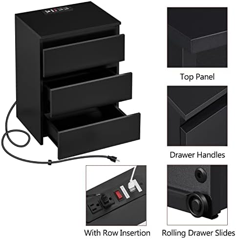 Yaheetech Bedroom Nightstand with Charging Station, 3-Drawer Dresser, Black