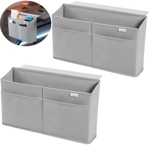 2 Pack Desk Side Hanging Organizer, Adhesive Storage Bag with Pockets for Magazine Ipad Notebook, for End Tables Home Office Desks Computer Workstations Dressing Table, Grey