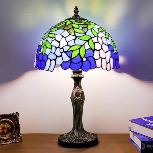 Stained Glass Table Lamp, Blue Green Wisteria Style Antique Bedside Reading Light 12X12X19 Inches, Adjustable 3 Color Temperature Decor for Bedroom Living Room
