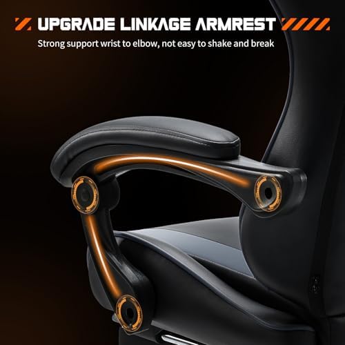 NEWBULIG Computer Gaming Desk Chair - High Back Ergonomic Lumbar Support with Footrest and Headrest, Comfy PU Leather Recliner with Linkage Armrest, Height Adjustable and 360° Swivel, Grey
