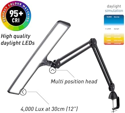 daylight Lumi Task Lamp - Professional 4000 Lux LED Desk Lamp, Adjustable, Color Accurate, Eye-Caring for Office, Home Office, Artist, and Reading - Black