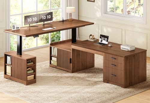SEDETA Fluted L Shaped Standing Desk with Storage for Home Office, Brown