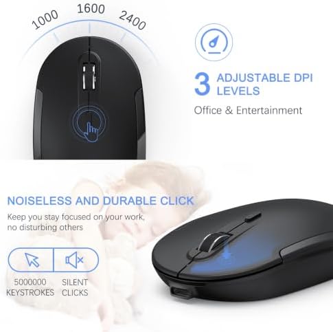 Vssoplor Wireless Keyboard and Mouse, Rechargeable Ultra Slim, Dark Black