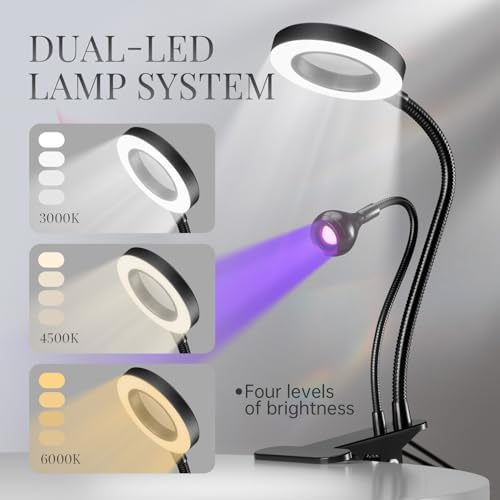 krofaue Dual Head UV Nail Lamp with 6X Magnifier, 3 Color Temps, Clip