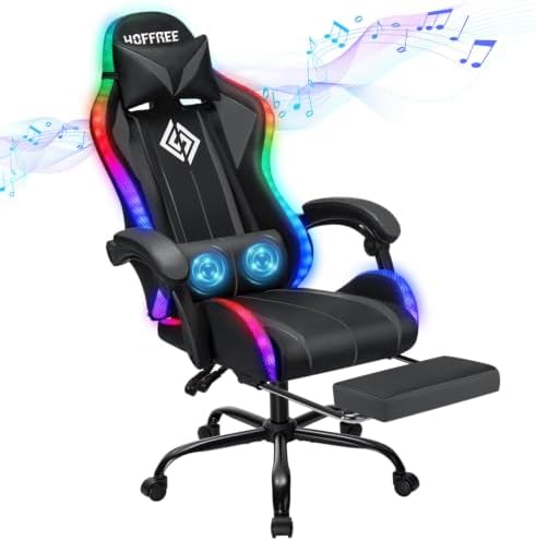 HOFFREE RGB Gaming Chair with Speakers Massage LED Lights Game Chair-Grey