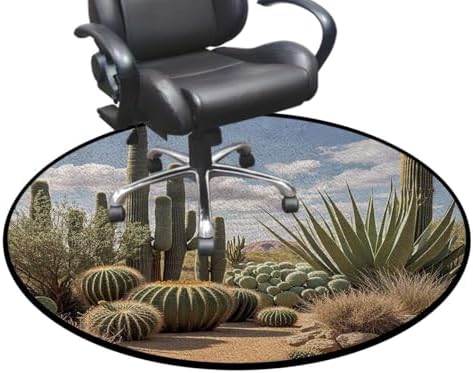 Natural Desert Round Office & Gaming Chair Mat for Hardwood Floors, Cactus Landscape Style Non-Slip Protector for Rolling Chairs,Protect The Floor from Scratches, Earth Blue Diameter 55 in