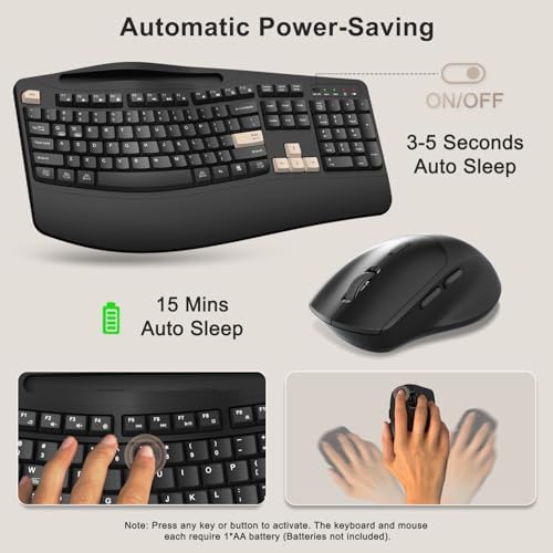 Wireless Keyboard and Mouse Combo, 2.4G Ergonomic Wave Keys(Latte Black)