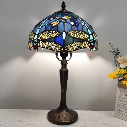 Tiffany Lamp Blue Dragonfly Stained Glass Table Lamp with 3-Color Temperature Vintage Bedside Nightstand Night Light for Bedroom Dorm Living Room Hallway Cottage Office Decor