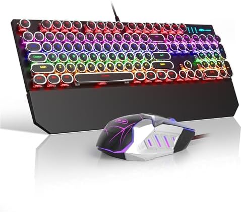 Retro Typewriter Keyboard and Mouse Combo, Cute Black Keyboard with Linear Red Switches, Full Size Wired Mechanical Gaming Keyboard, Cool Light Up Keyboard and Mouse for Gaming,Work,Mac,PC,Windows