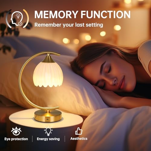 Shenmoyl Tulip Table Lamp, 5200mAh Cordless Touch Control Table Lamp with 3 Color Temps & Stepless Dimming, Rechargeable Battery Table Lamp for Living Room, Bedroom, Office, Shelf (White Tulip)
