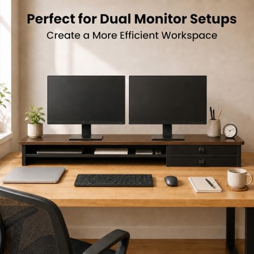 Dual Monitor Stand, 42.5 Inch Wood Monitor Riser with Drawers, 2 Tier Desktop Organizer for Computer Laptop TV, Large Screen Stand for Home Office Desk