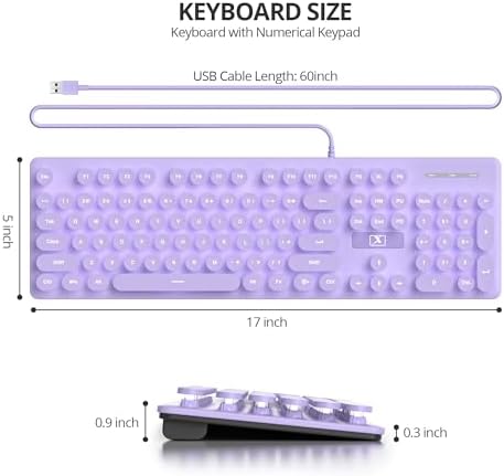 surmen Purple Quiet Keyboard Wired Retro Typewriter, Full Size Soft Keyboards with Number Pad, Round Keys, Backlit USB for Office, Desktop, Laptop(Purple)