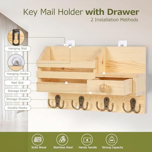 Key Holder Wall Mount, Wooden Key and Mail Organizer, Natural
