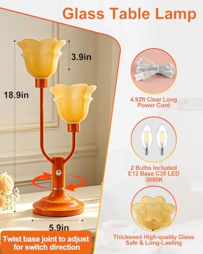 Orange Flower Table Lamp Dimmable Vintage 2 Bulbs Included Gift