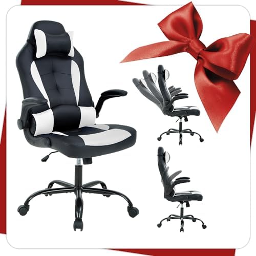 White Gaming Chair, PU Leather Comfy Office Chair for Adults, Ergonomic Desk Chair Computer Chair with Flip Up Arms, Height & Backrest Adjustable, 300 Lbs