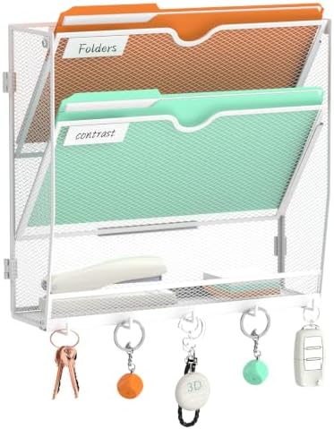 Wall File Holder Hanging Wall File Organizer, Wall Mount Mail Holder and Paper Organizer with Bottom Shelf & 5 Hooks for Office Home School (3-Tier White)