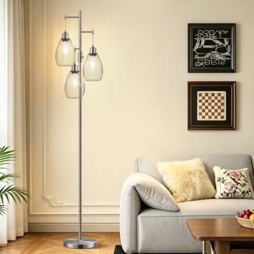 Nintiue Dimmable Floor Lamp, 3 x 800LM LED Edison Bulbs Included, Industrial Floor Lamp Standing Tree Lamp with Elegant Teardrop Cage Heads Tall Lamps for Living Room Bedroom-Brushed Nickel