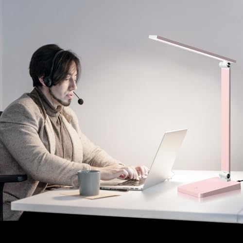 LED Desk Lamp for Home Office, 3 Levels Dimmable Desk Light with USB Charging Port, Reading Lamp for Table Study Work Office Nail Craft Puzzle, Pink, 5000K