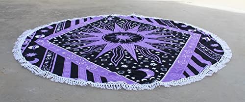 Round Beach Tapestry Turquoise Mandala Throw/Boho Hippie Beach Blanket Roundie/Indian Cotton Bohemian Large Round Table Cloth-Home Decor/Yoga Mat Meditation Picnic Rug (42", Purple)