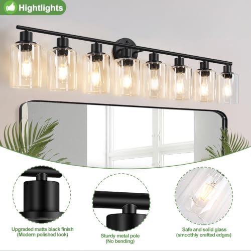 Zarbitta 8-Light Bathroom Light Fixtures, Black Modern Vanity Lights with Clear Glass Shade, Bathroom Wall Lamp, for Mirror Kitchen Living Room Hallway Cabinet Porch