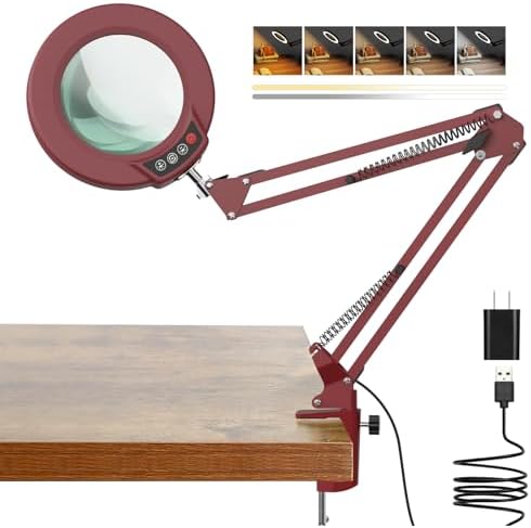 10X Magnifying Glass with Light and Clamp, Real Glass Stand Lighted Magnifier, 5 Color Modes Stepless Dimmable LED Desk Lamp Hands Free for Crafts Hobby Reading Painting Sewing Close Work - Red