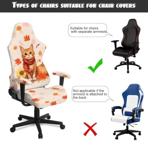 Fall Maple Leaf Gaming Chair Protector Slipcover 4-Piece Fits Office/PC Boss Recliners Anti-Scratch Washable with Zipper for Living Room Orange Cat Pumpkin