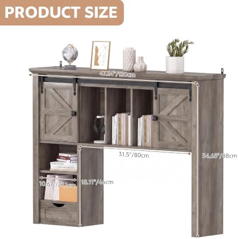 Large Desktop Bookshelf with Sliding Barn Door, 47.2''W Desk Shelf