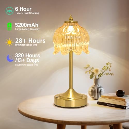 Cordless Table Lamp, Rechargeable Amber Glass Lotus Flower Lamp