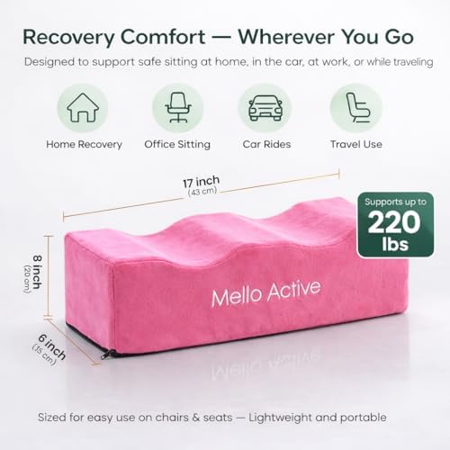 Mello Active BBL Pillow After Surgery – Doctor-Recommended, Firm & Lightweight Sitting Cushion for Post-Op Recovery – Portable Support for Home, Car & Office – Ultimate Comfort & Stability Pink
