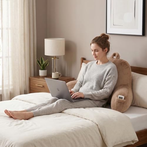 Large Plush Backrest Pillow for Sitting in Bed,Faux Fur,Khaki