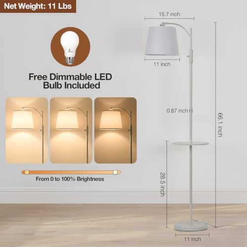AIDENOEY White Floor Lamp with Table, Dimmable Standing Lamp, Living Room