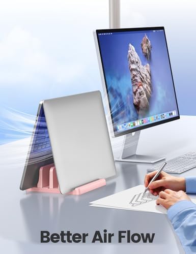 Vaydeer Vertical Laptop Stand for Desk, Dual Slots Plastic Laptop Holder with Space Saving 4-in-1 Design, Adjustable Laptop Stand Supports MacBook, Chromebook, Surface, Dell (Pink)