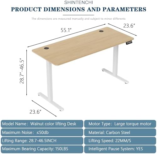 Shintenchi Standing Desk, 55x24 Inch Height Adjustable Electric Sit Stand up Desk, Ergonomic Rising Computer Table, Modern Lift Gaming Desk Workstation for Home Office, White
