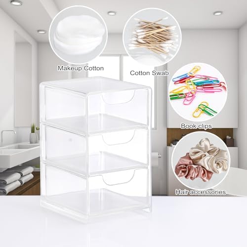 Hipiwe Clear Acrylic Drawer Organizer Bathroom Qtip Holder with 3 Drawers