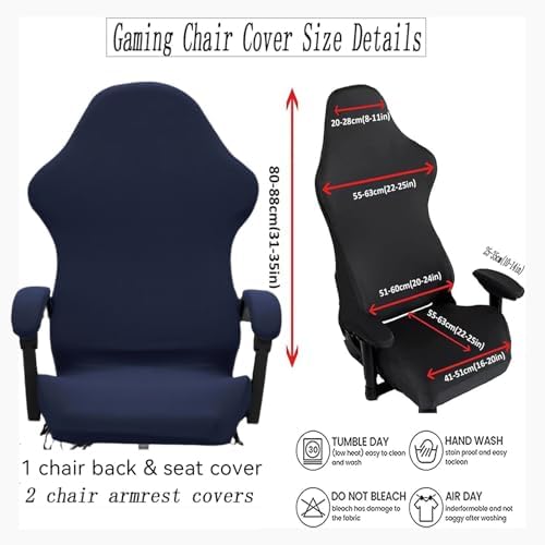 Gaming Chair Cover Set with Armrest Covers, Stretch Ruffled Slipcover for Racing Office Computer Reclining Chairs (Navy)