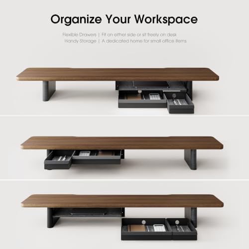 Fenge 42.5" Dual Monitor Stand with Storage Drawer & Solid Wood Legs, Brown