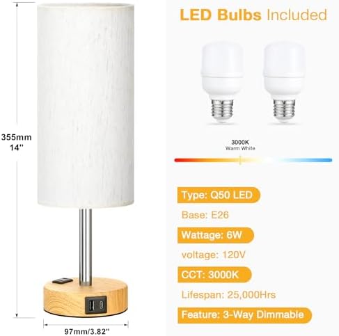 Touch Bedside Table Lamps Set of 2 - Bedroom Lamp with USB A+C, AC Outlet