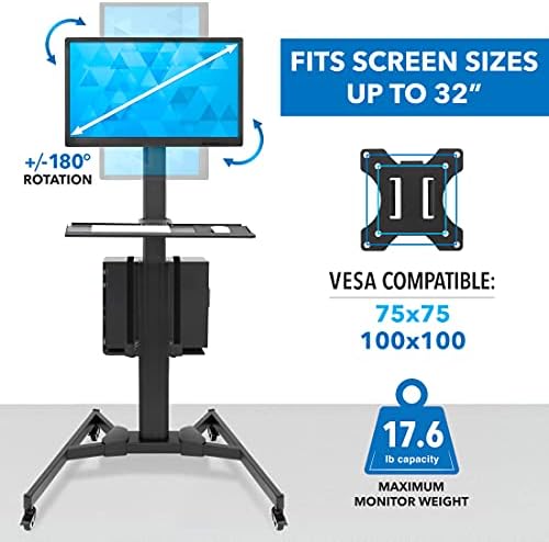 Mount-It! Computer Cart Mobile Desk Workstation with Monitor Mount for Screen up to 32", Rolling Computer Desk PC Cart, Keyboard & Mouse Tray, Rolling Stand with Adjustable CPU Holder, 63.5" Tall
