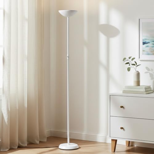 Brightech SkyLite LED Floor lamp, Torchiere Super Bright Floor Lamp for Living Rooms & Offices - 3 Way Dimmable Tall Torch Lamp, High Lumen Standing Pole Lamp for Bedroom Reading - White