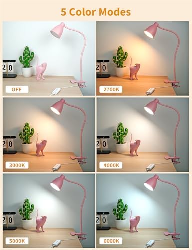 BOHON Cute Desk Lamp with Clamp Clip on Light, 5 Color 10 Brightness, Pink