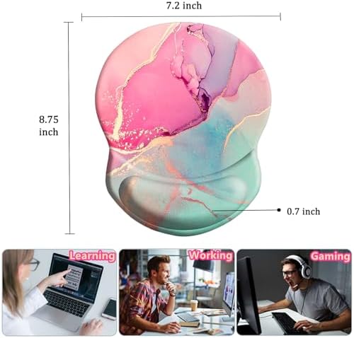 Ergonomic Mouse Pad with Support - Comfortable Wrist Rest, Non-Slip PU Base for Home Office, Studying, Gaming (Pink Green Marble)