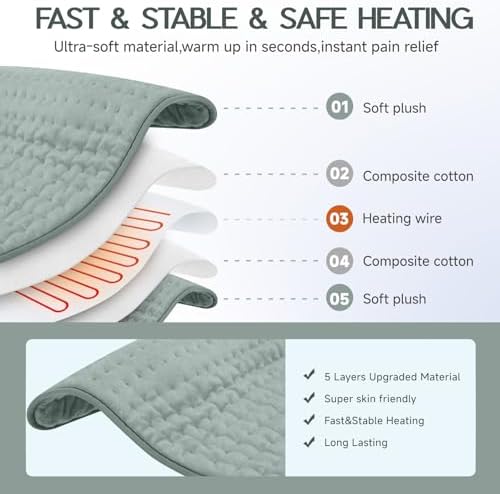 Heating Pad for Back Neck Shoulders Abdomen, Fast Heating Electric Heat Pad Dry Moist Therapy, Auto Shut Off Timer, Gray - Mother’s Day Gifts for Mom Women, Father’s Day Gift for Dad