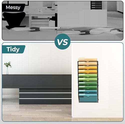 SUPEASY 10 Tier Wall File Organizer, Hanging Wall Mounted Mail Organizer with Label Slots, Metal Mesh File Holder Magazine Rack for Office, Home, School or Classroom, Black