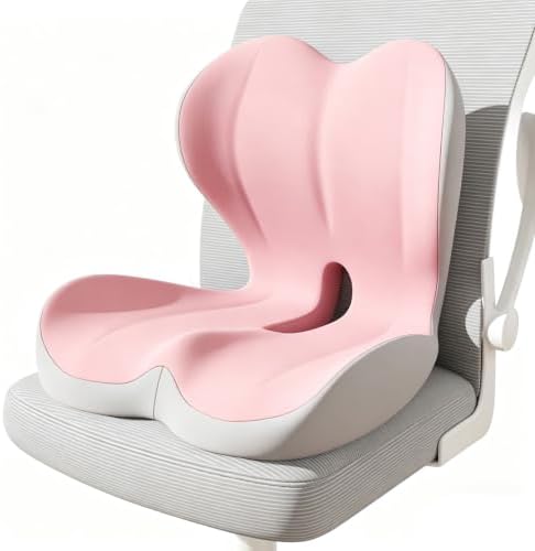 Seat Cushion for Office Chair and Car, L-Shaped Memory Foam Seat Cushions, Ergonomic Sciatica & Tailbone Pain Relief Cushion with Non-Slip Breathable Cover, Back Support for Office Chair-Pink Gray