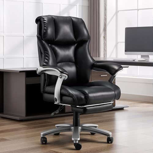 HOMREST Big and Tall Office Chair, 550LBS Heavy Duty Office Chair for Heavy People, Leather Executive Chair with 155° Recline Backrest, Large Back Pocket & Footrest Black