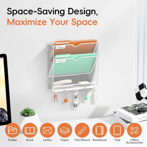 Wall File Holder Hanging Wall File Organizer, Wall Mount Mail Holder and Paper Organizer with Bottom Shelf & 5 Hooks for Office Home School (3-Tier White)