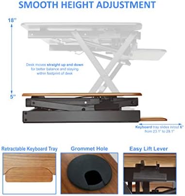 Rocelco 32" Height Adjustable Standing Desk Converter - Sit Stand Computer Workstation Riser - Dual Monitor Retractable Keyboard Tray Gas Spring Assist - Teak Wood Grain (R EADRT)